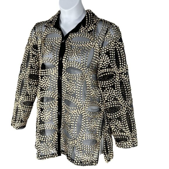 Chicos Travelers Collection 2/ L Black Sheer Gold Needle Stitch Button Up Jacket - Picture 5 of 16